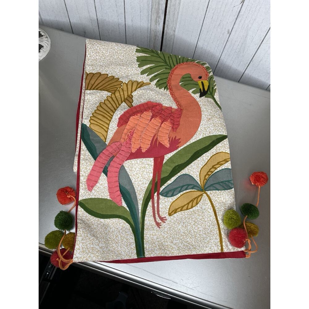 Vintage Pier 1 Imports Flamingo Tropical Table Runner 72”x 13” Pom Poms
